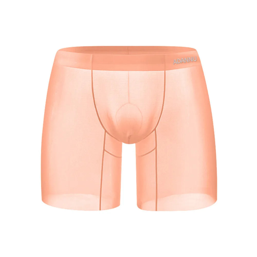 Seamless nylon men's sports shorts in orange, pink, or red with low waist and hip-lifting design.