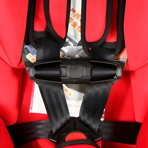 Black nylon seat belt buckle clip for child car seats measuring 14.5 by 4 centimetres