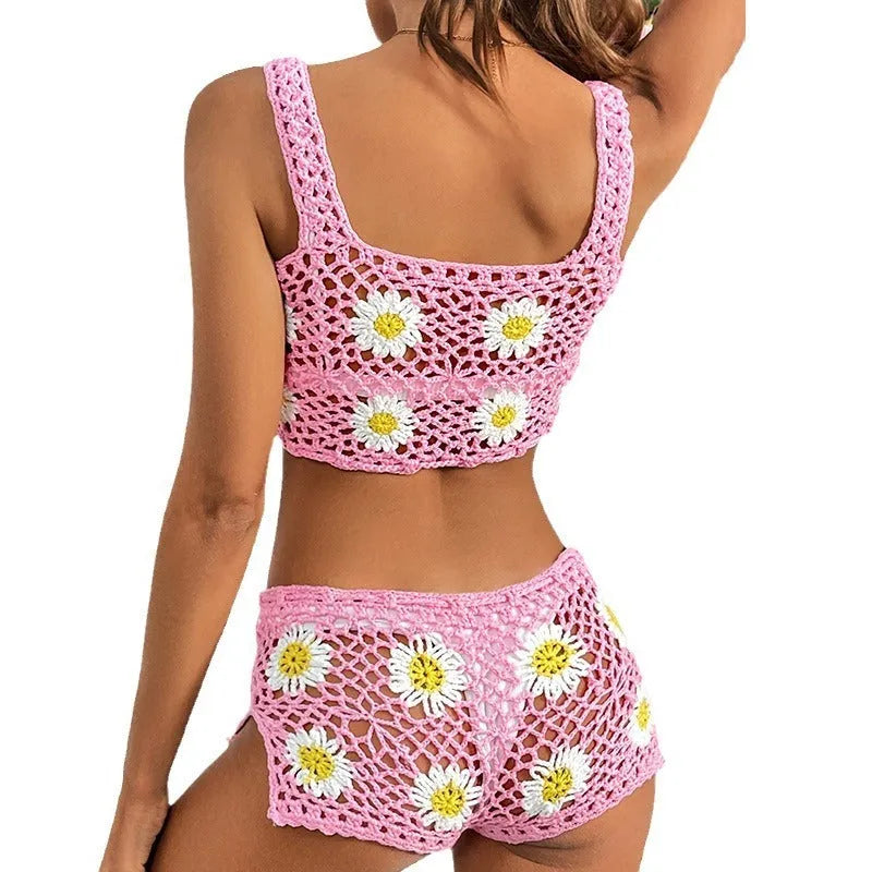 Floral pattern women's swimsuit bikini set in light green hollow yarn acrylic fabric
