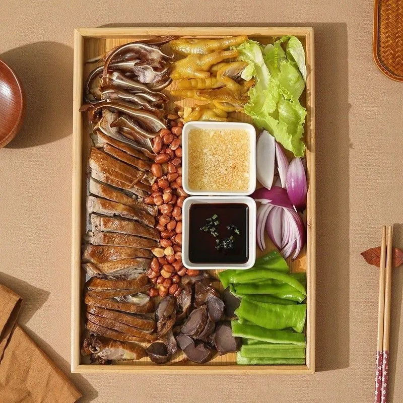 Square bamboo serving tray with brown handle in solid colour, suitable for hotels and cafes.