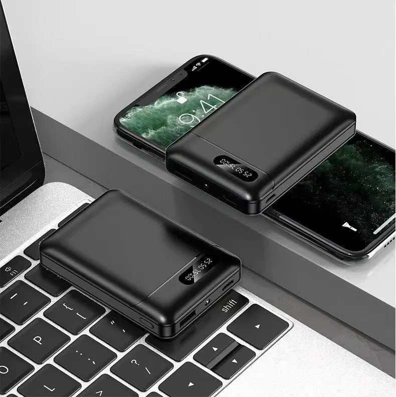 White or black portable power bank with 10000 mAh capacity measuring 92mm by 63mm