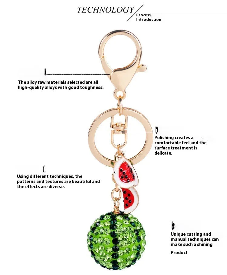 Green watermelon-shaped metal keychain made from zinc alloy, measuring 12 cm.