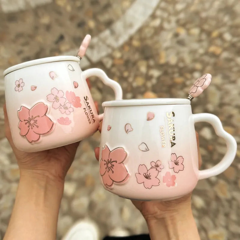 Japanese cherry blossom ceramic cup 400ml white porcelain cylindrical pink floral with lid and spoon
