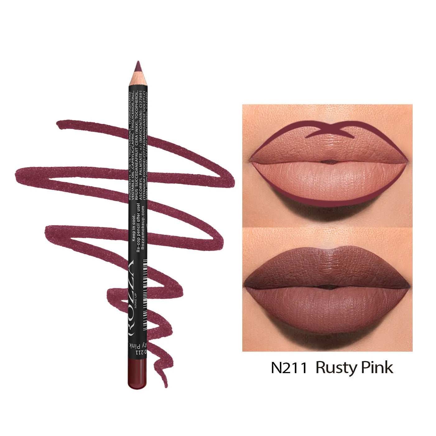 Matte finish lip liner pencil in wooden tone showing waterproof 24-hour formula