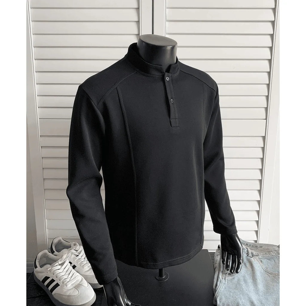 Men's grey asymmetric patchwork polo shirt with a stand-up collar, long sleeves, and a loose fit.
