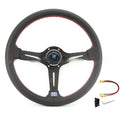 Black leather 14-inch steering wheel with deep concave dish and aluminium skeleton on a plain background.