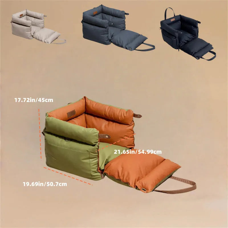 Green waterproof dog car nest bed with sides, showing removable design for washing, placed in a car boot.