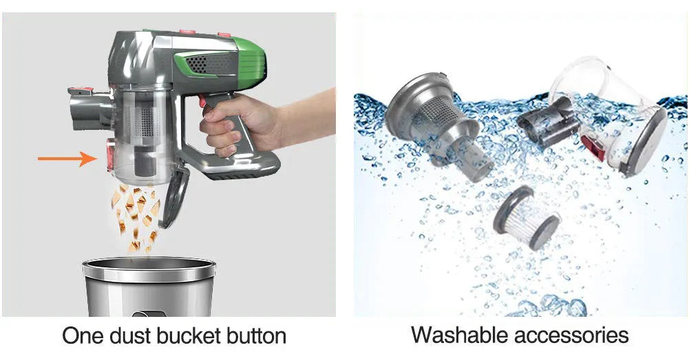 Green handheld wireless vacuum cleaner with foldable tube, 0.5L dust cup, HEPA filter, two-speed suction