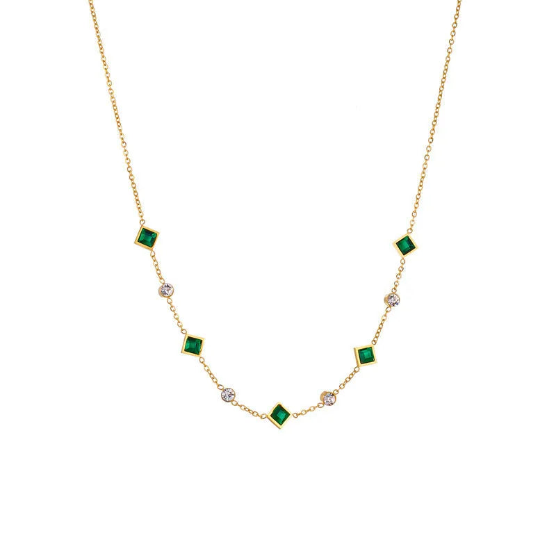 Gold titanium steel necklace with U-shaped pendant, square emerald zircon, and cross chain, 41-50cm.