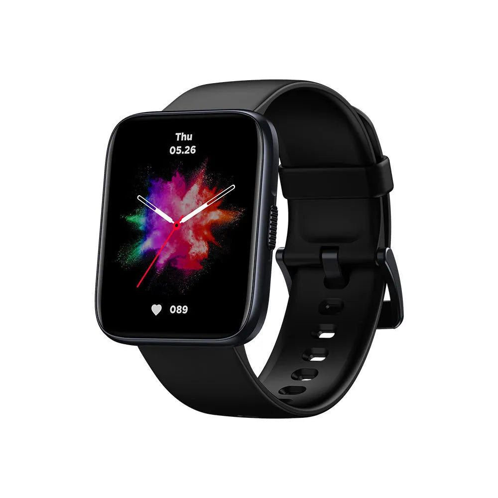 Black GPS sports smart watch with 1.78 inch LCD display and rubber strap on a white background
