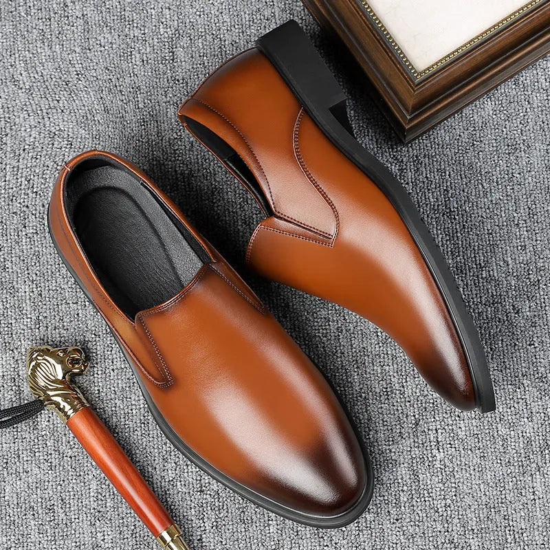 Men's black business casual slip-on shoes with renewable leather upper and rubber sole