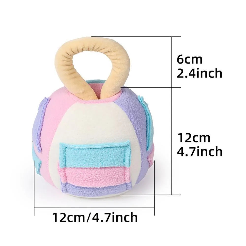 Pink and green squeaky plush ball dog toy with treat pockets for small medium dogs