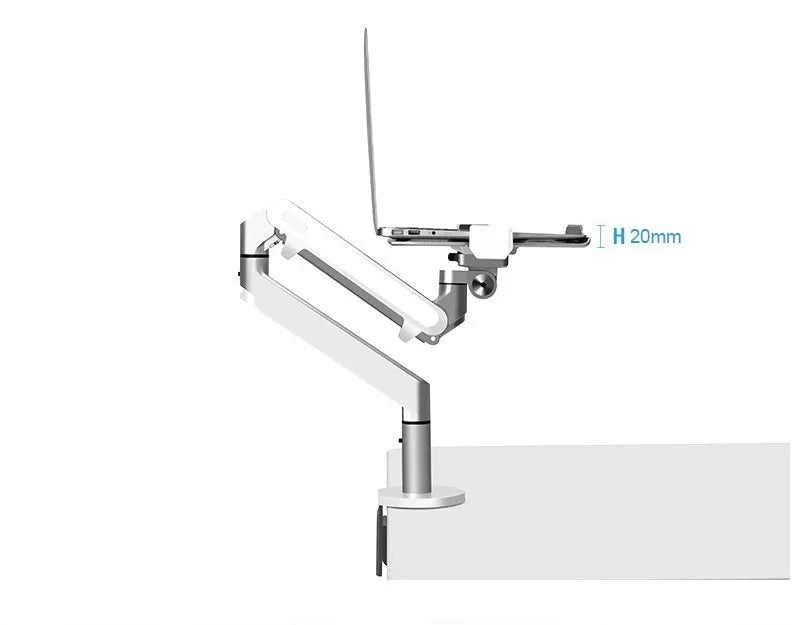 Silver aluminium laptop stand with adjustable air pressure arm bracket holding a MacBook notebook.