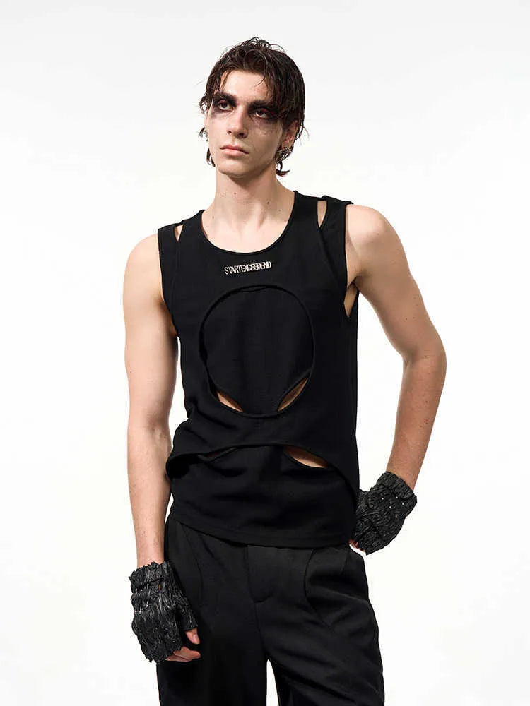 Men's loose-fit sleeveless waistcoat in black hollow weave cotton fabric on a hanger