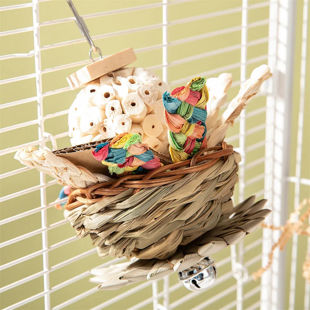 Natural wooden bird chew toy with cotton rope elements for parrots and small birds