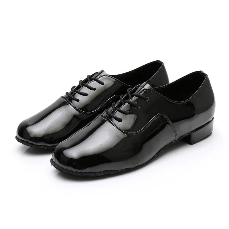 Men's black indoor dancing shoes with a calf leather sole and synthetic leather upper