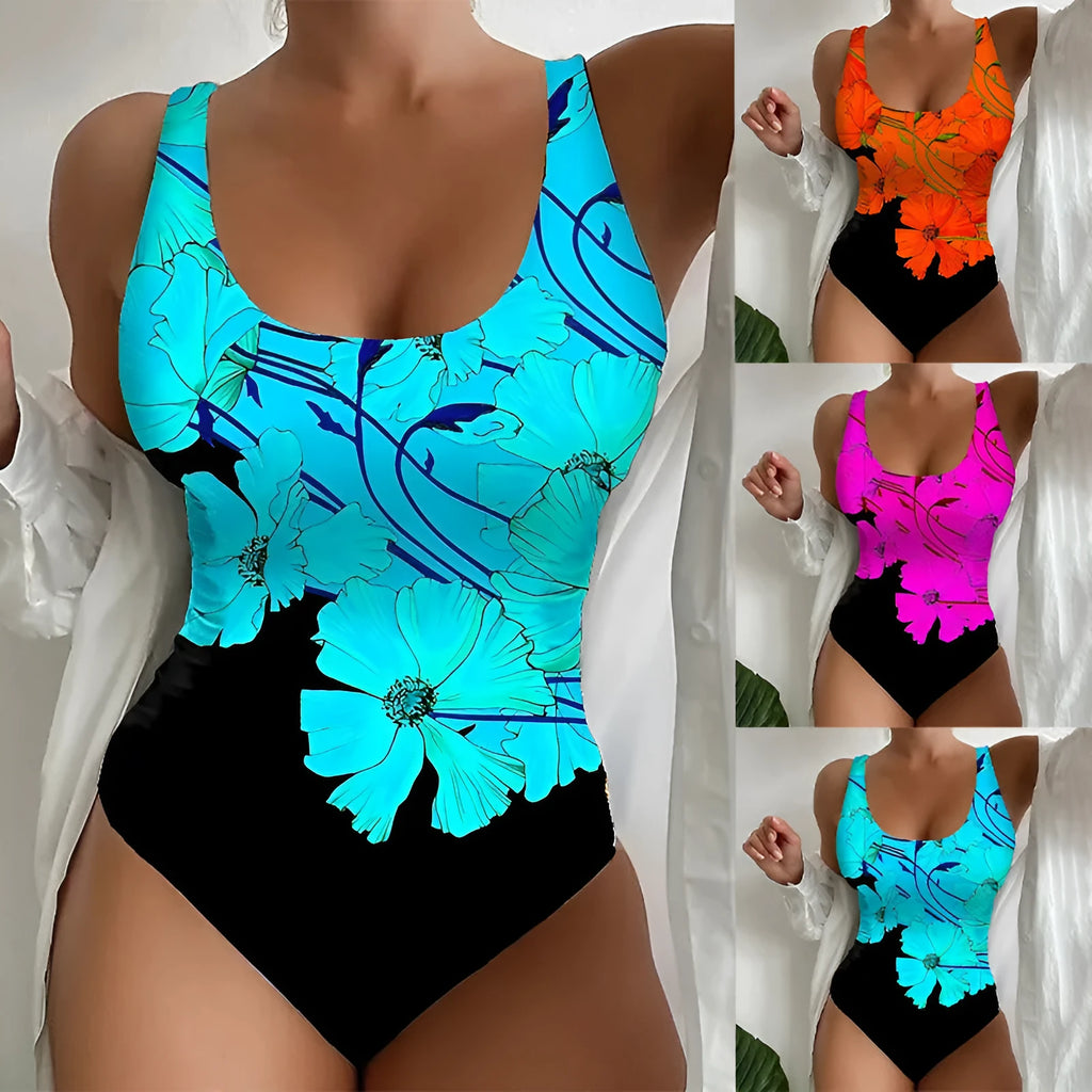 Women's orange red one-piece swimsuit with a 3D printed pattern, made from polyester and spandex.