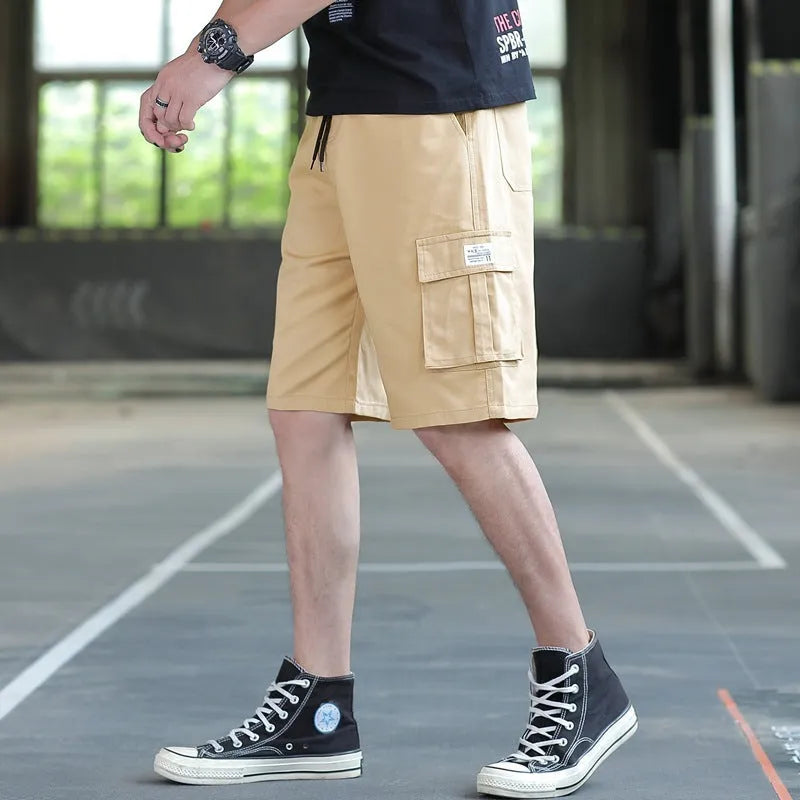 Men's loose casual sports trousers in black, khaki, army green, camouflage, sizes M-5XL, thin polyester blend.