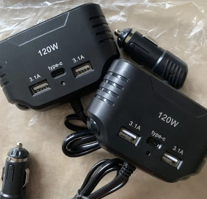 Black plastic 120W car charger converter with 12V 24V fast charging support for vehicle power outlets