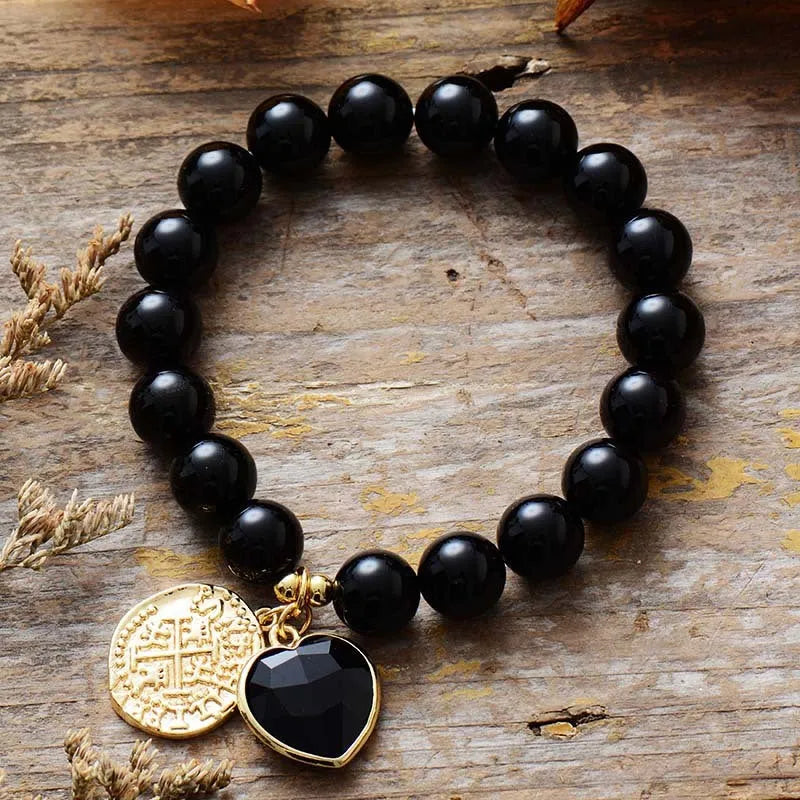 Natural stone amethyst stretch handmade beaded bracelet with heart-shaped amethyst and black agate beads 10mm size