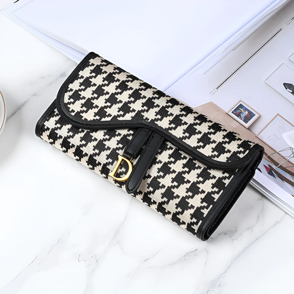 Women's canvas long wallet in houndstooth pattern with letter design, large capacity retro style