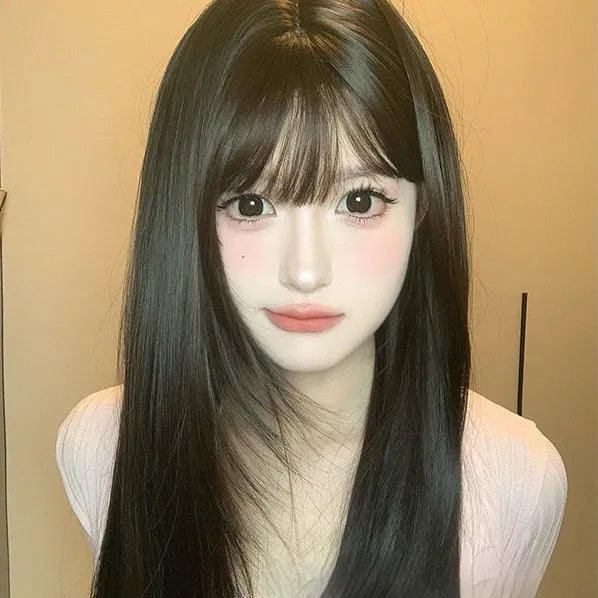 Dark brown straight women's wig with bangs for round face shapes