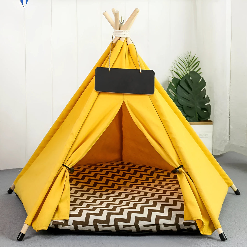 Striped flax and linen pet teepee tent with cushion for small dogs and cats in white or yellow