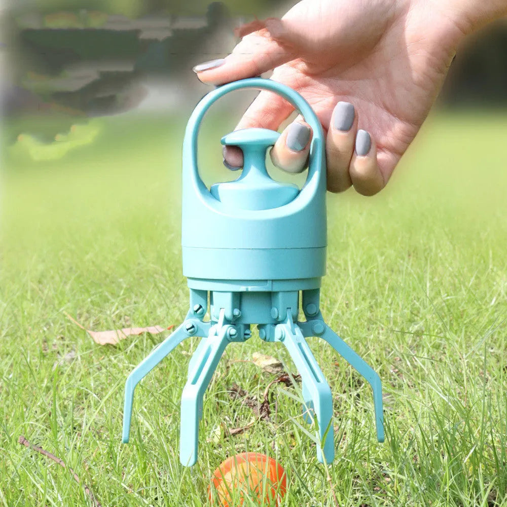 Blue portable dog pooper scooper with eight-claw shovel, built-in poop bag dispenser and lanyard