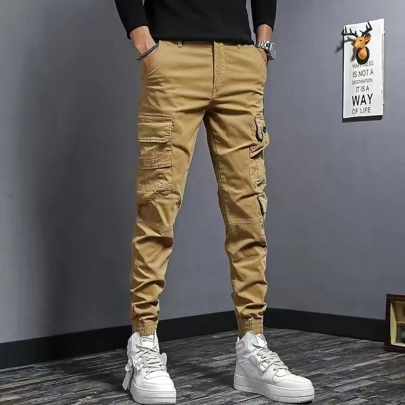 Men's slim fit elastic waist denim work pants in coffee colour, cotton fabric, nine tenths length