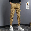 Men's slim fit elastic waist denim work pants in coffee colour, cotton fabric, nine tenths length