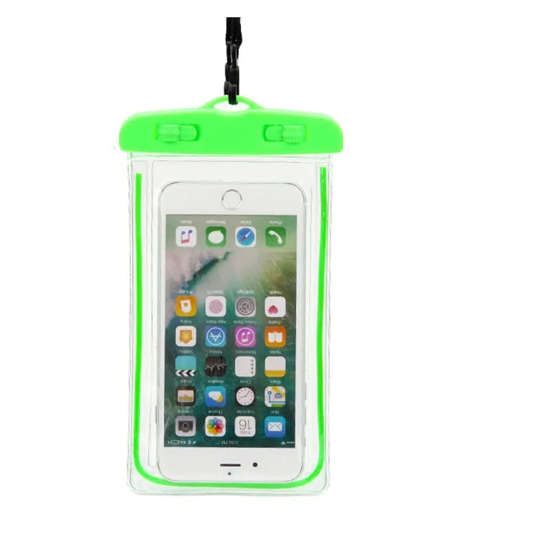 Universal waterproof phone case with luminous touch screen in eight colour options for outdoor activities