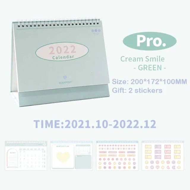 Cream coil-bound desk calendar for 2022, paper, 210g, Regular size 100x100x172mm, on a desk