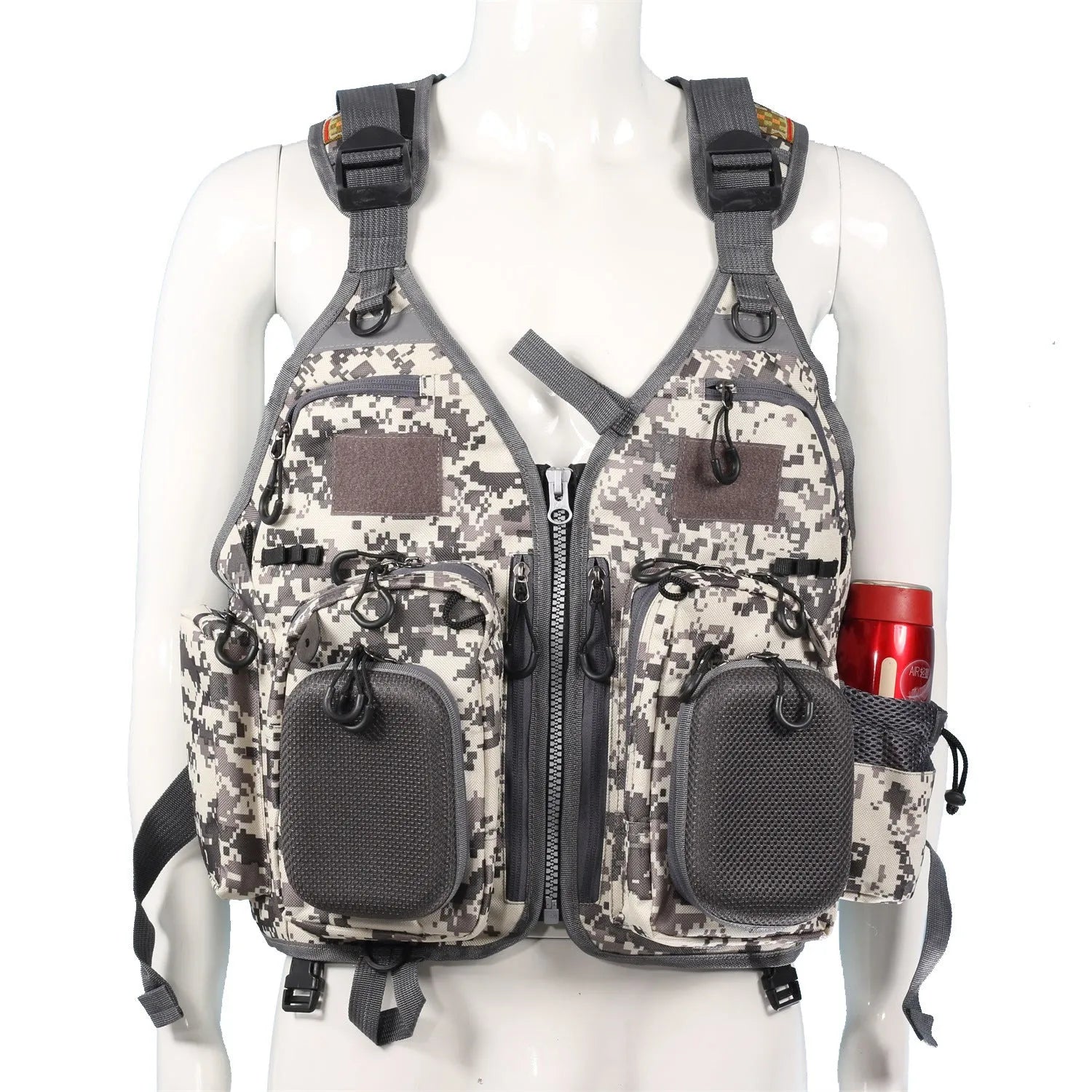 Grey fishing life jacket with multiple pockets and reflective strips showing removable foam buoyancy inserts