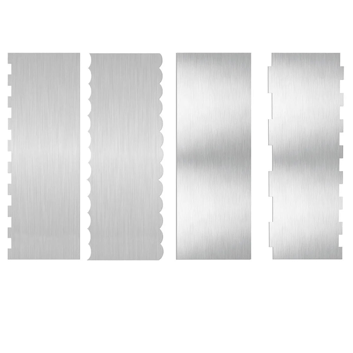 Stainless steel cake decorating scraper with multiple polygon-pattern heads for textured finishes.
