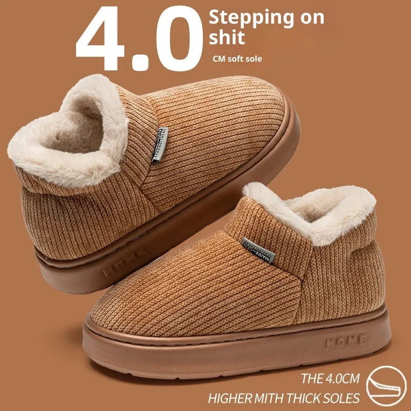 Women's ankle wrap cotton slippers in brown, plush upper, non-slip EVA sole, flat heel, round toe, indoor thermal shoes