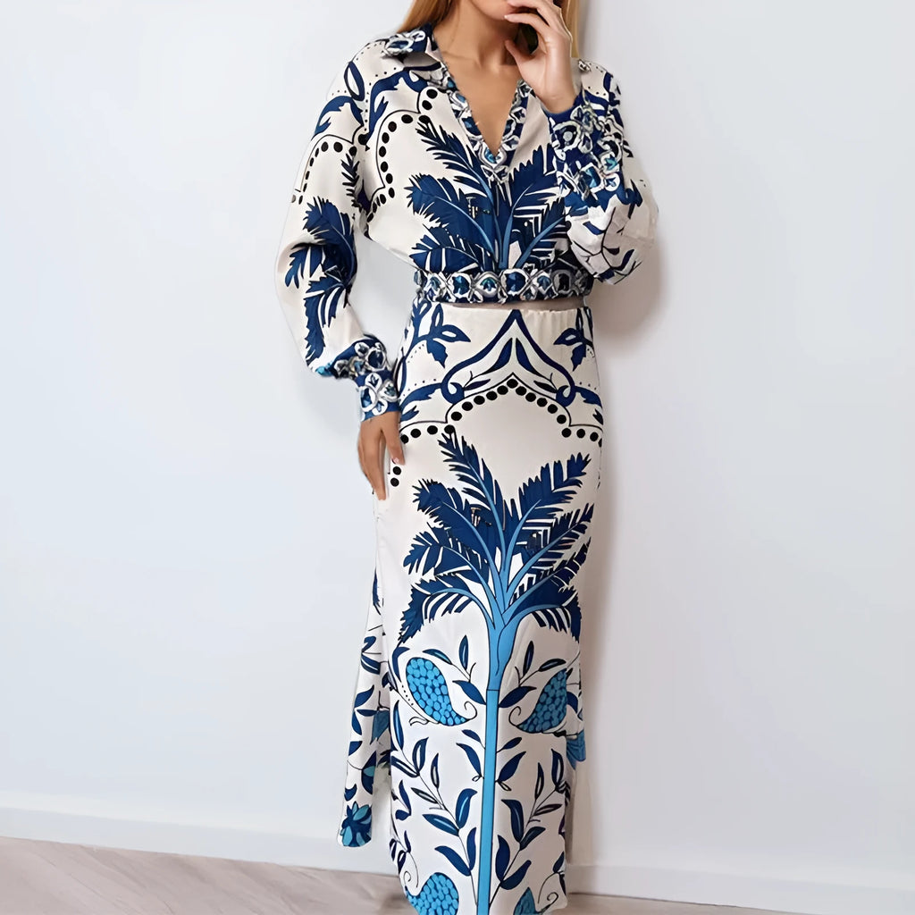 Women's early spring casual fashion set featuring a long sleeve top and long skirt in picture colour