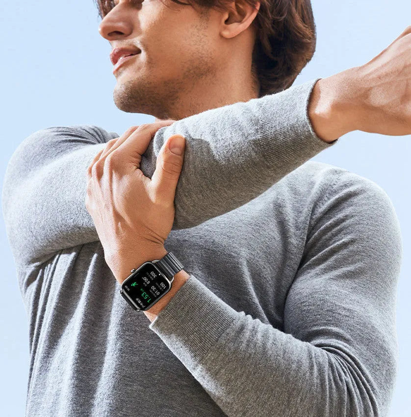 S4PLUS LS11 smart sports watch with AMOLED screen shown in black, champagne, or silver on a wrist.
