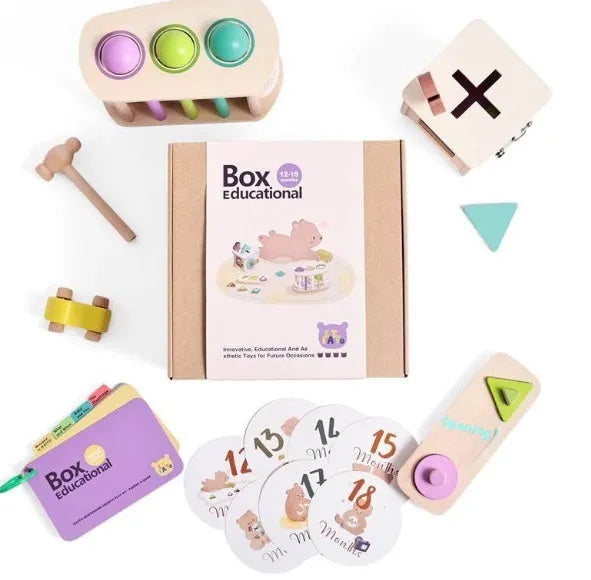 Educational wooden Montessori rattle set with black and white cards and ball chime in colour box packaging