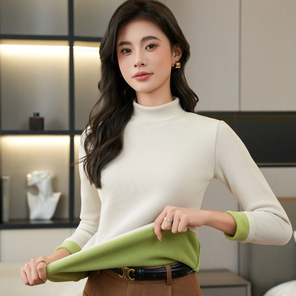 Women's fleece-lined half high-necked long sleeve bottoming shirt in black, polyester fibre