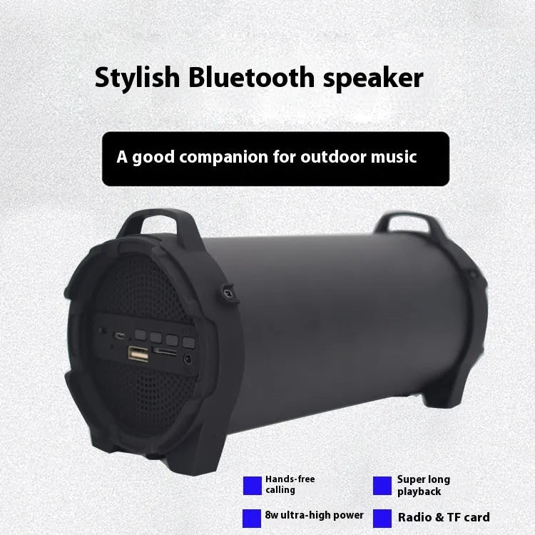 Black portable wireless Bluetooth speaker with suspenders for outdoor use