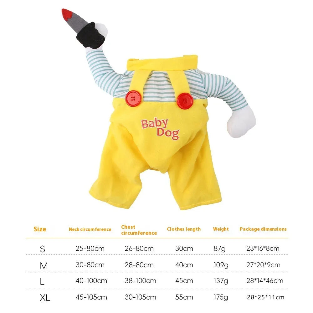 Yellow sword design cat costume in polyester, shown in S, M, L, and XL sizes.