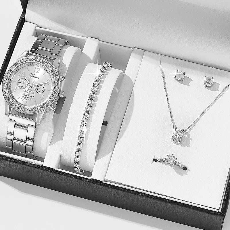Women's casual quartz watch suit with 36mm dial, 8mm alloy watchcase, bracelet, earrings, necklace, and ring in silver, rose gold, or gold