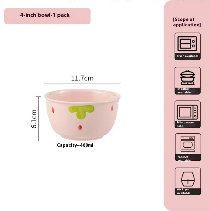 Strawberry-themed porcelain dinnerware set with plates, flower bowls, and microwave-safe spoons