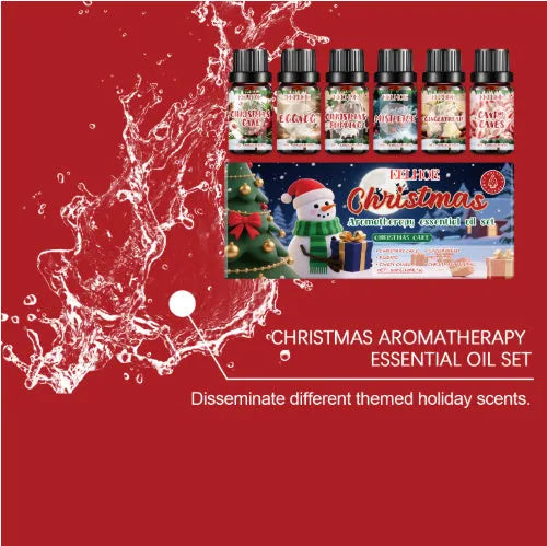 Box containing six small glass bottles of Christmas-themed aromatherapy oils.