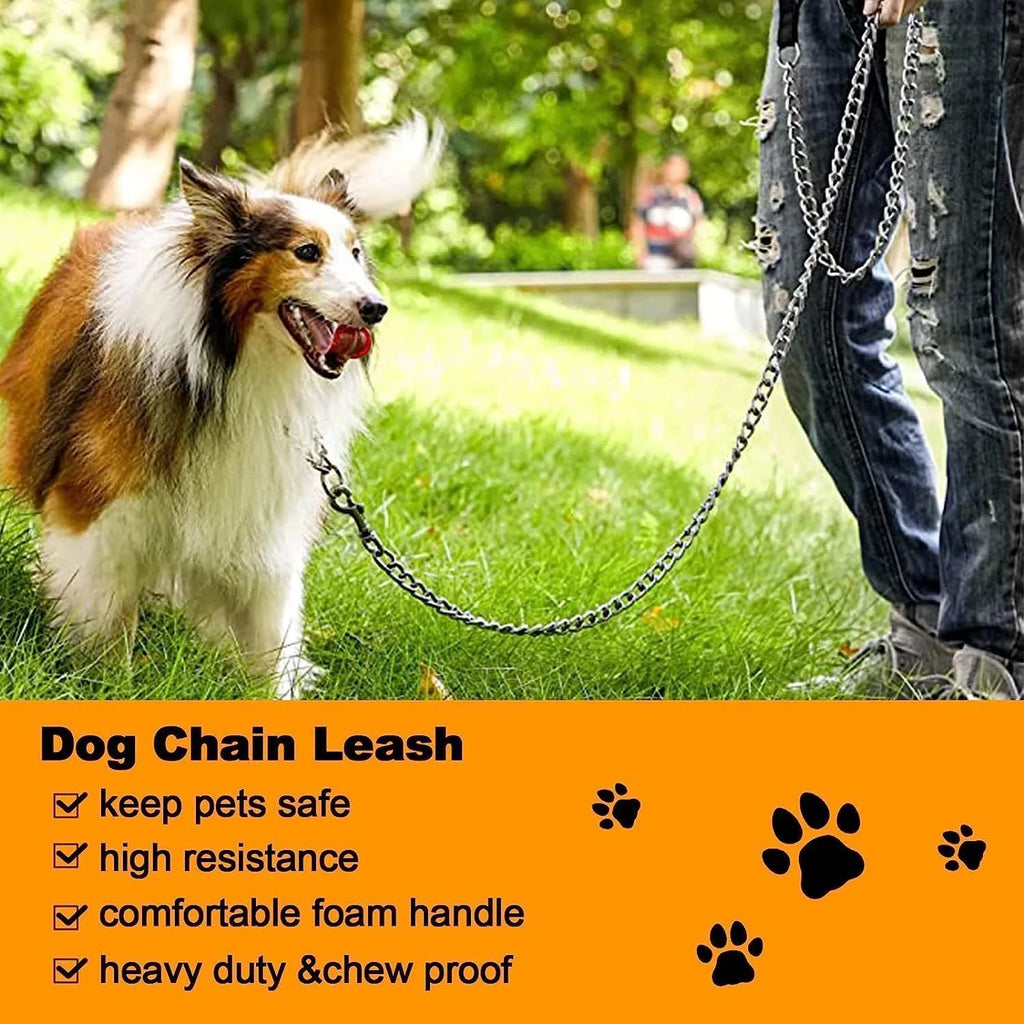 Heavy-duty metal chain dog leash with a soft black padded handle, shown with a red colour option.