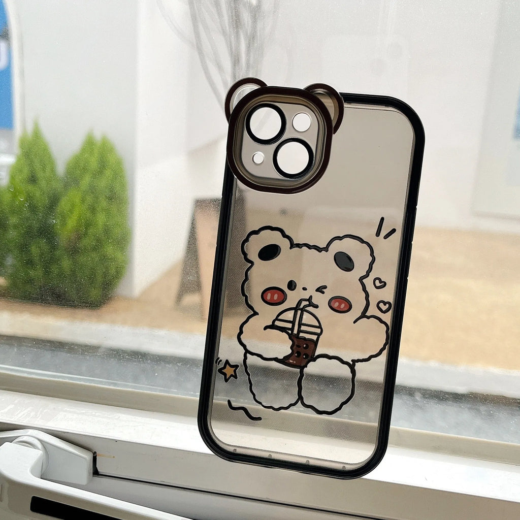 Drinking milk tea bear TPU phone case for iPhone 14, 13, 12, 11 series on a white background