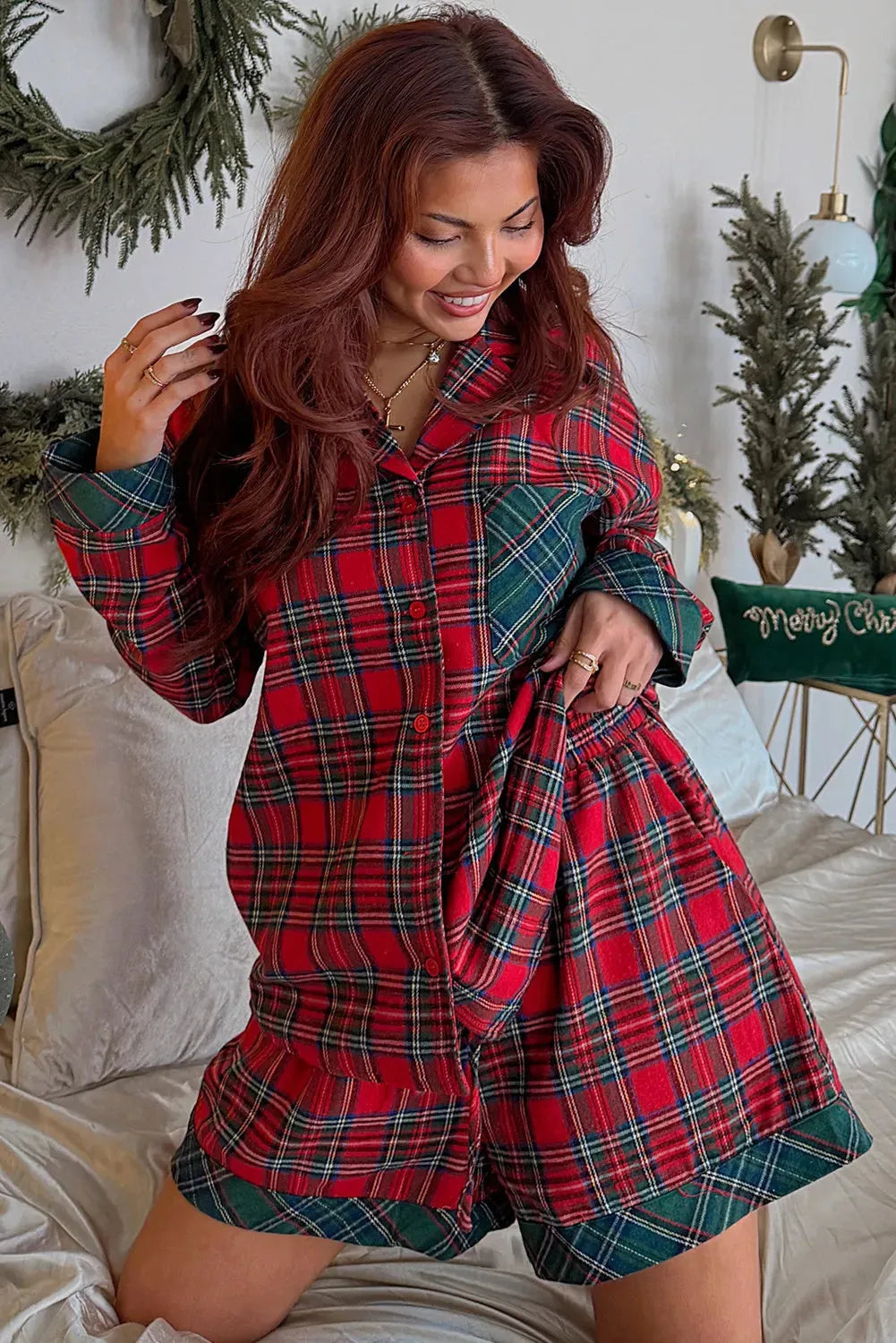 Red plaid pyjama set with contrast fabric patches on shirt and matching shorts