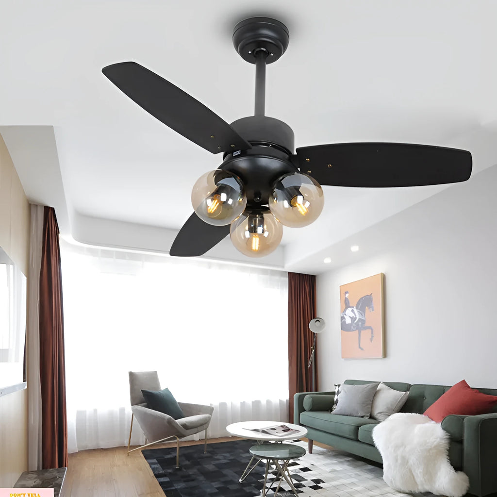 Ceiling fan light with wood blades and glass shade, 42 inch, available in black finish for living room use