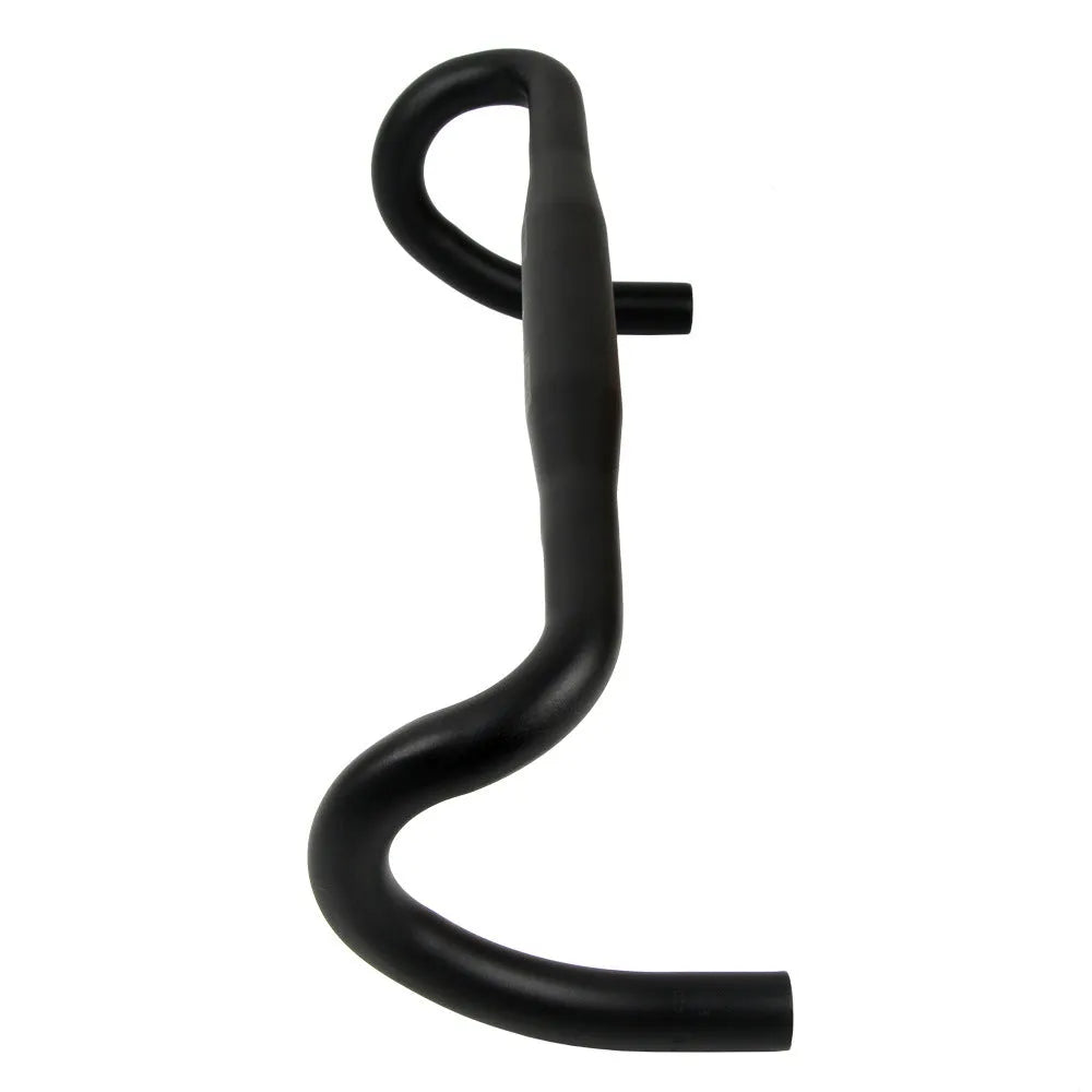 UNO aluminium road bike drop handlebar in black, showing curved drop shape and printing mark.