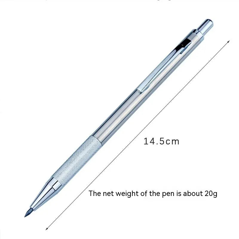 Metal automatic mechanical pencil with multiple lead size options including 0.5mm and 2.0mm diameters